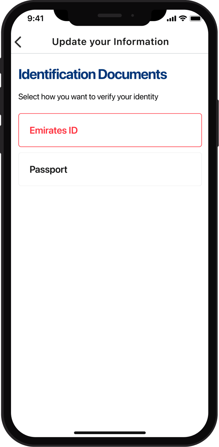 Dubai Financial Market mobile investor identity verification screen