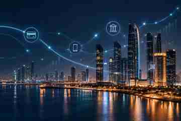 Illustration of digital payments infrastructure across a Gulf city skyline