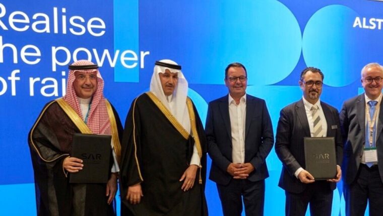 Saudi Arabia Railways and Alstom representatives at the 2026 North Freight support contract signing