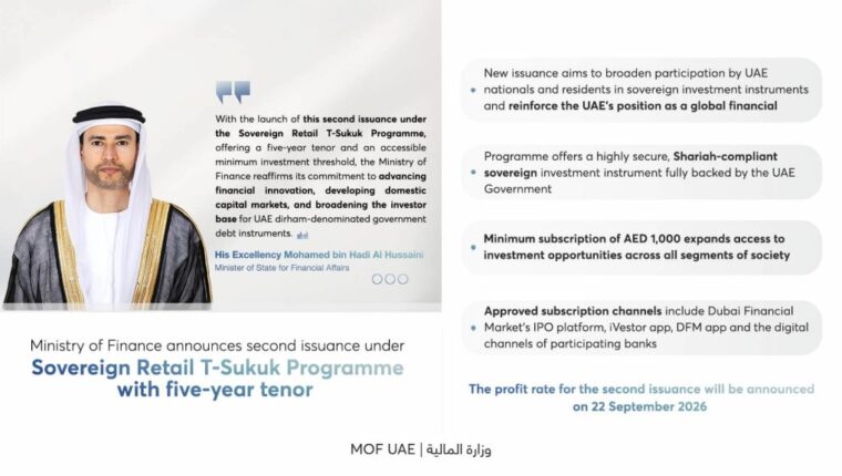 UAE Ministry of Finance graphic for the second Sovereign Retail T-Sukuk issuance with a five-year tenor